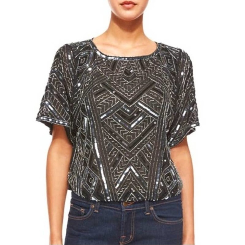 PARKER Sheer Beaded and Sequined Short Sleeve Top Size Small